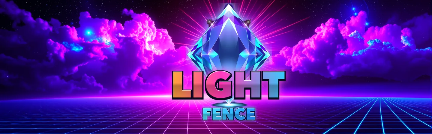 Lightfence logo: a glowing crystal above the word LIGHTFENCE, over a neon grid between violet clouds.